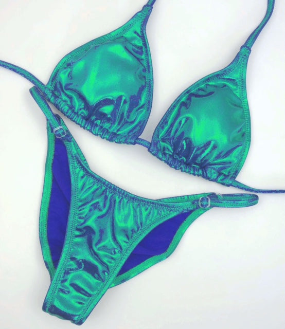 NPC Fit model competition bikini in sparkly mystique
