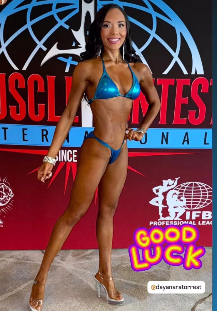 NPC Fit model competition bikini in sparkly mystique
